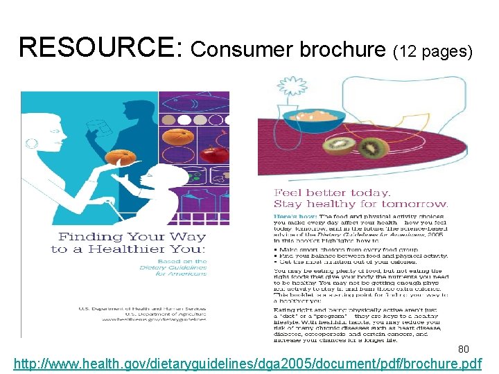 RESOURCE: Consumer brochure (12 pages) 80 http: //www. health. gov/dietaryguidelines/dga 2005/document/pdf/brochure. pdf 