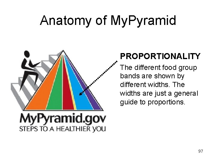 Anatomy of My. Pyramid PROPORTIONALITY The different food group bands are shown by different