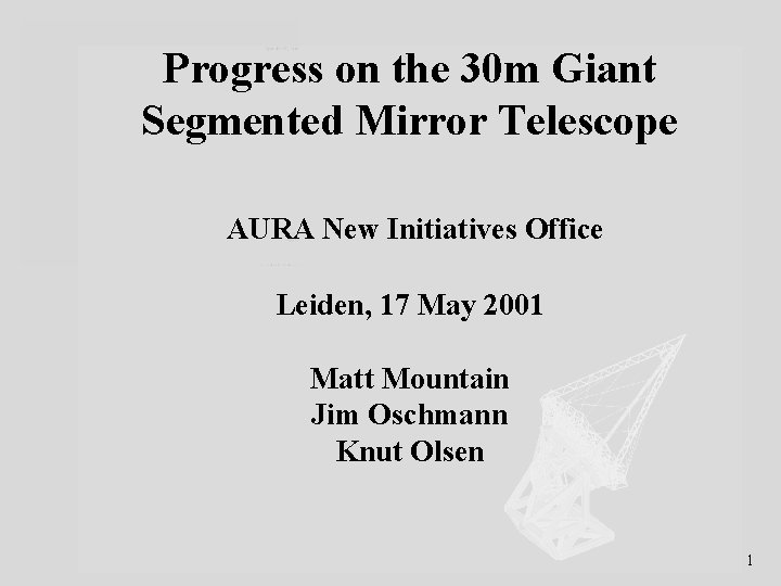 Progress on the 30 m Giant Segmented Mirror Telescope AURA New Initiatives Office Leiden,