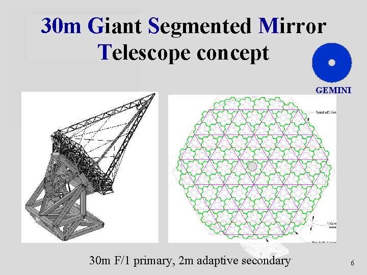 30 m Giant Segmented Mirror Telescope concept GEMINI 30 m F/1 primary, 2 m