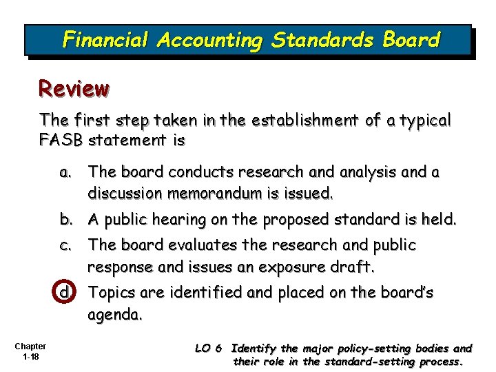 Financial Accounting Standards Board Review The first step taken in the establishment of a