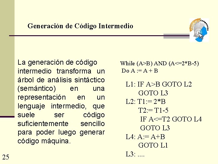 Generación de Código Intermedio La generación de código intermedio transforma un árbol de análisis