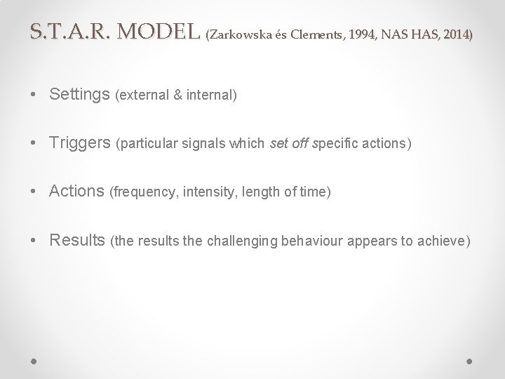 S. T. A. R. MODEL (Zarkowska és Clements, 1994, NAS HAS, 2014) • Settings