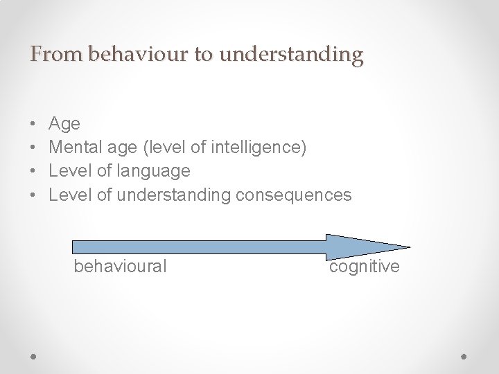 From behaviour to understanding • • Age Mental age (level of intelligence) Level of