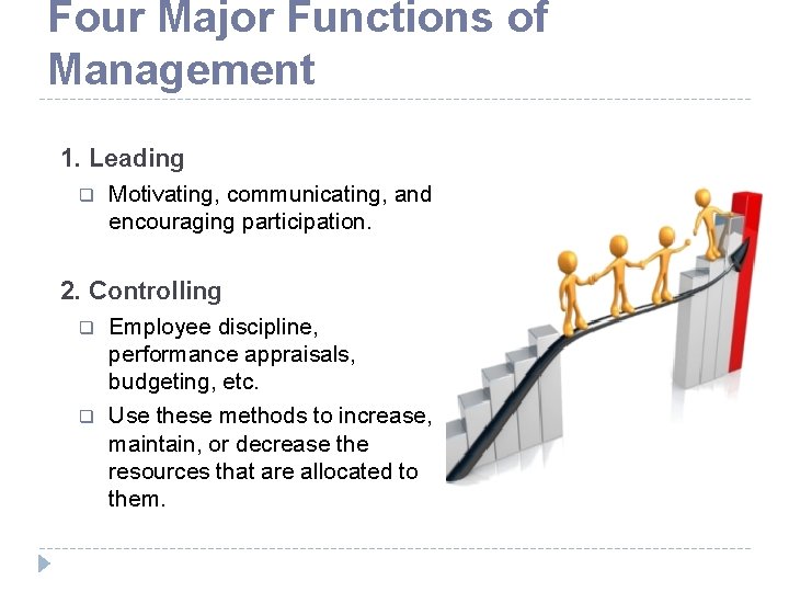 Four Major Functions of Management 1. Leading q Motivating, communicating, and encouraging participation. 2.