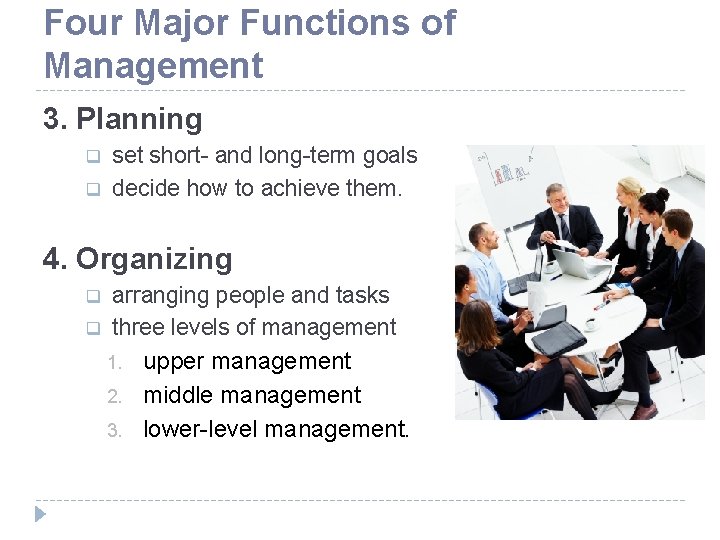 Four Major Functions of Management 3. Planning q q set short- and long-term goals