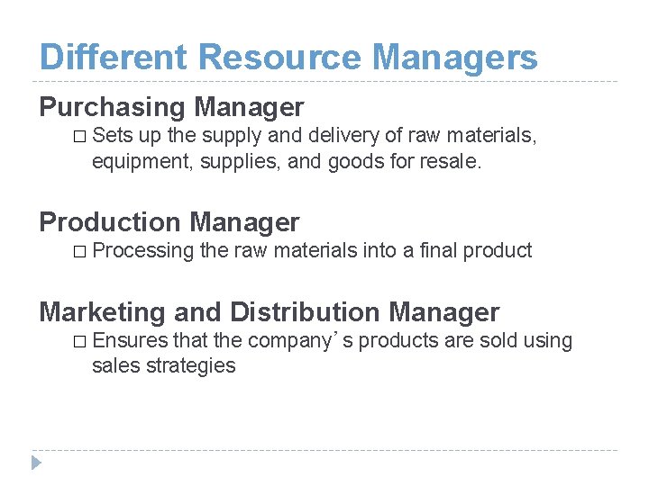 Different Resource Managers Purchasing Manager � Sets up the supply and delivery of raw