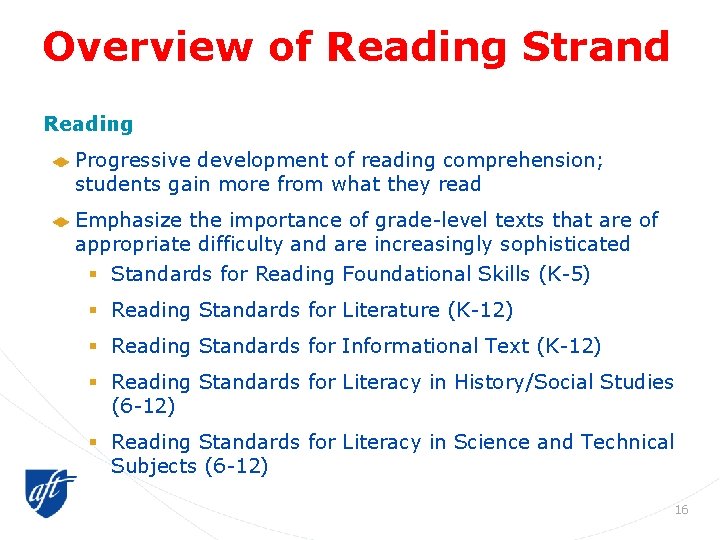 Overview of Reading Strand Reading Progressive development of reading comprehension; students gain more from