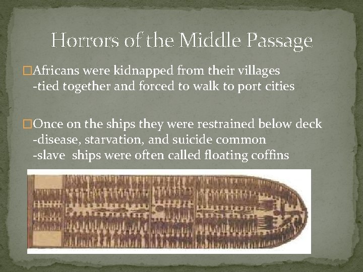 Horrors of the Middle Passage �Africans were kidnapped from their villages -tied together and