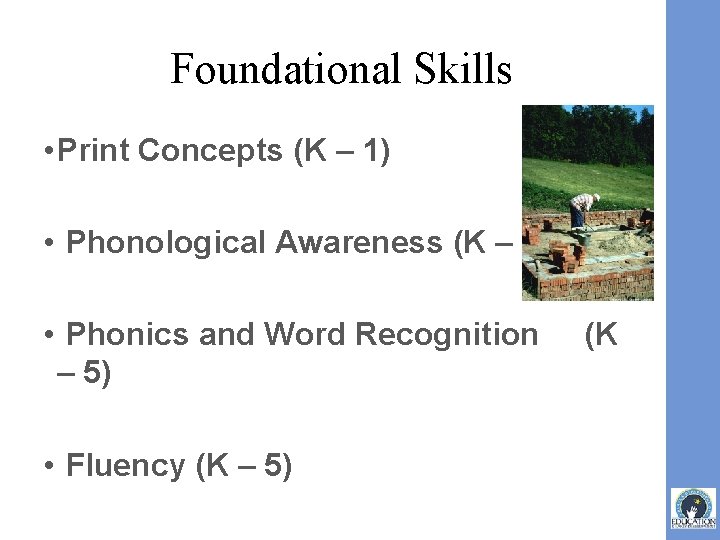 Foundational Skills • Print Concepts (K – 1) • Phonological Awareness (K – 1) Foundational Skills • Print Concepts (K – 1) • Phonological Awareness (K – 1)