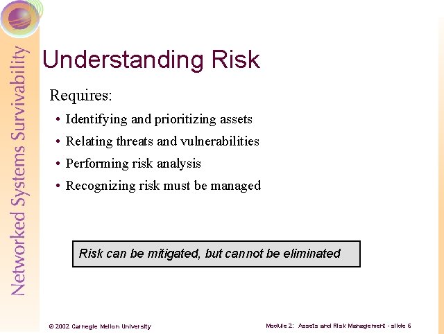 Understanding Risk Requires: • Identifying and prioritizing assets • Relating threats and vulnerabilities •