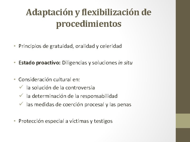 Adaptación y flexibilización de procedimientos • Principios de gratuidad, oralidad y celeridad • Estado