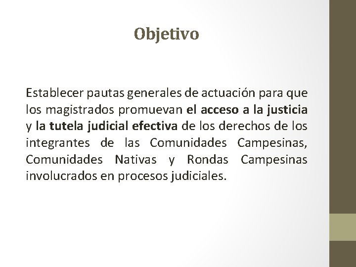 Objetivo Establecer pautas generales de actuación para que los magistrados promuevan el acceso a