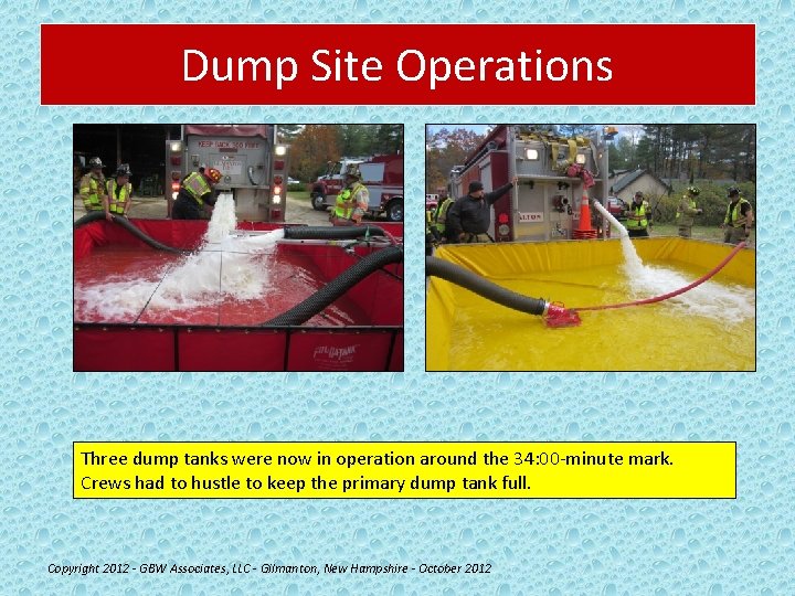 Dump Site Operations Three dump tanks were now in operation around the 34: 00