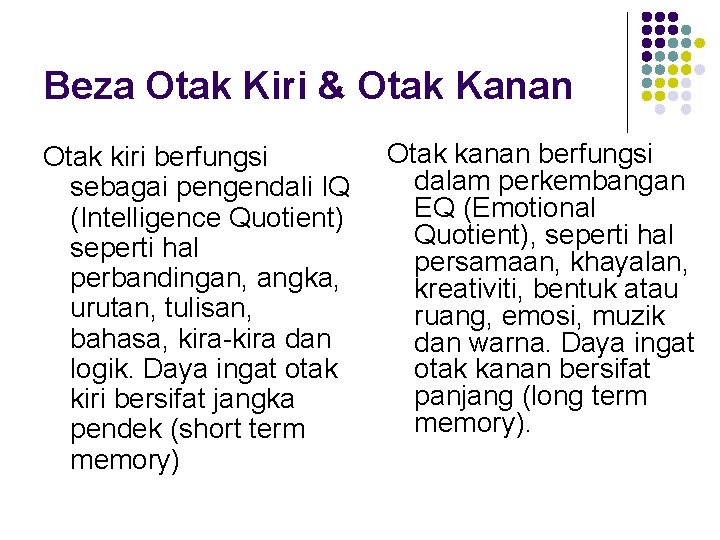 Beza Otak Kiri & Otak Kanan Otak kiri berfungsi sebagai pengendali IQ (Intelligence Quotient) Beza Otak Kiri & Otak Kanan Otak kiri berfungsi sebagai pengendali IQ (Intelligence Quotient)