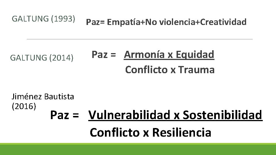 GALTUNG (1993) GALTUNG (2014) Jiménez Bautista (2016) Paz= Empatía+No violencia+Creatividad Paz = Armonía x