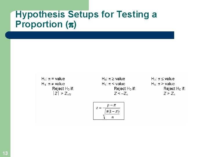 Hypothesis Setups for Testing a Proportion ( ) 13 