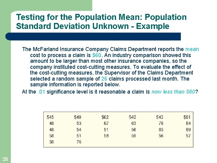 Testing for the Population Mean: Population Standard Deviation Unknown - Example The Mc. Farland