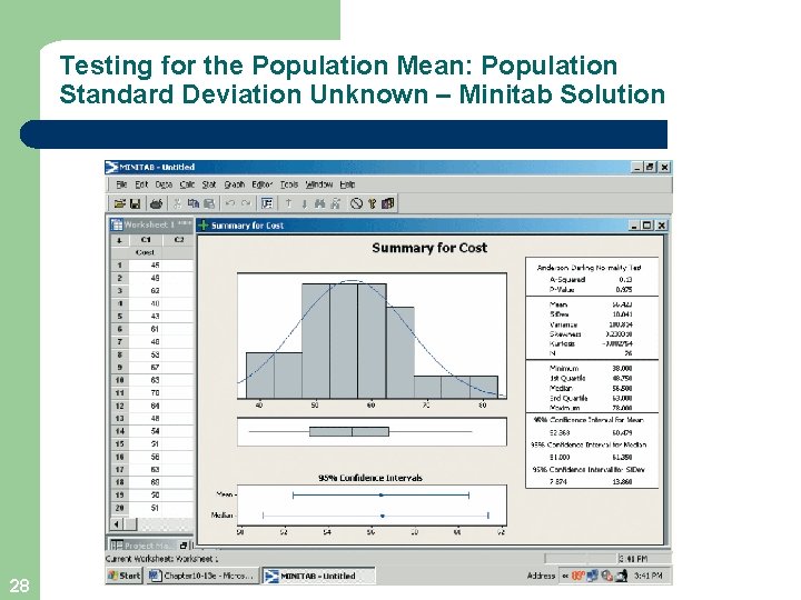 Testing for the Population Mean: Population Standard Deviation Unknown – Minitab Solution 28 