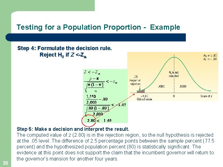 Testing for a Population Proportion - Example Step 4: Formulate the decision rule. Reject