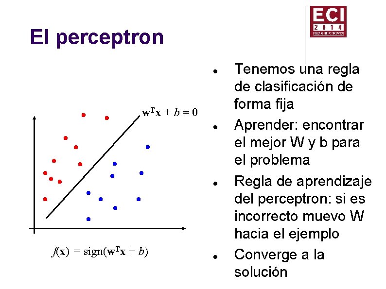 El perceptron w. T x + b = 0 f(x) = sign(w. Tx +