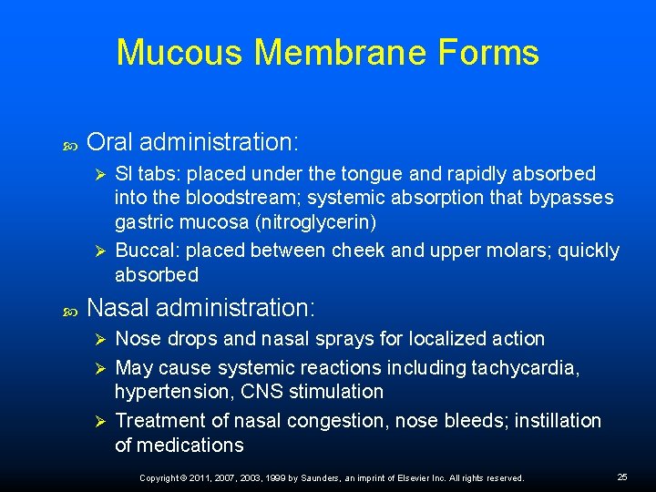 Mucous Membrane Forms Oral administration: Sl tabs: placed under the tongue and rapidly absorbed