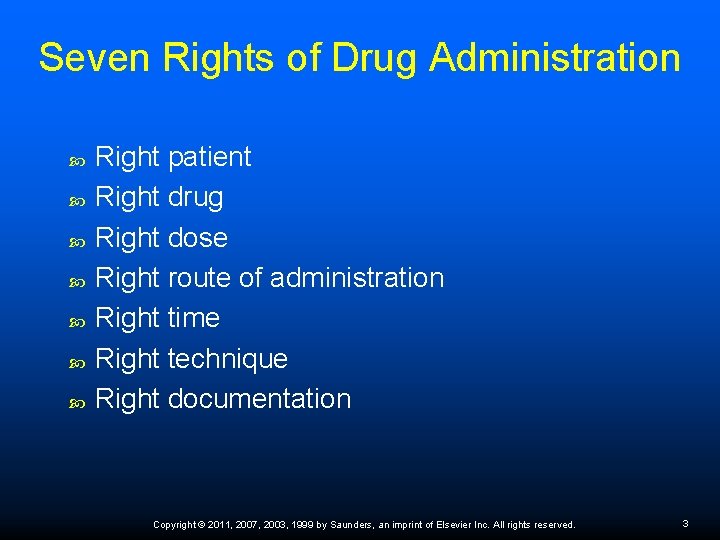 Seven Rights of Drug Administration Right patient Right drug Right dose Right route of