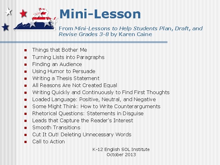 Mini-Lesson From Mini-Lessons to Help Students Plan, Draft, and Revise Grades 3 -8 by