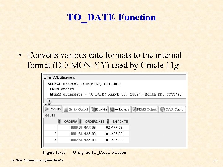TO_DATE Function • Converts various date formats to the internal format (DD-MON-YY) used by