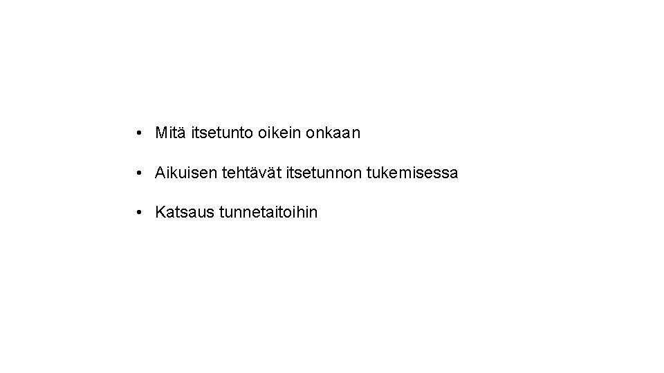 • Mitä itsetunto oikein onkaan • Aikuisen tehtävät itsetunnon tukemisessa • Katsaus tunnetaitoihin
