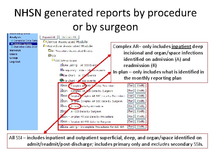 NHSN generated reports by procedure or by surgeon Complex AR– only includes inpatient deep