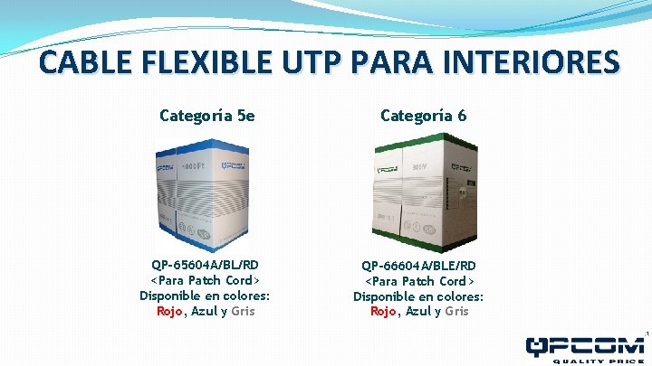 CABLE FLEXIBLE UTP PARA INTERIORES Categoría 5 e QP-65604 A/BL/RD <Para Patch Cord> Disponible