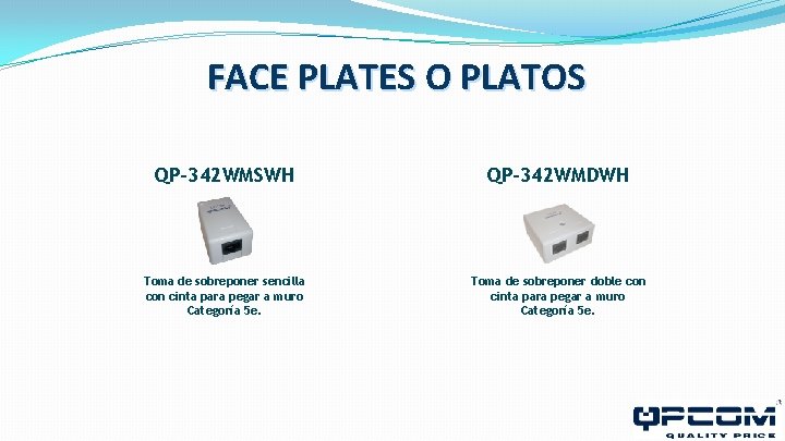 FACE PLATES O PLATOS QP-342 WMSWH QP-342 WMDWH Toma de sobreponer sencilla con cinta