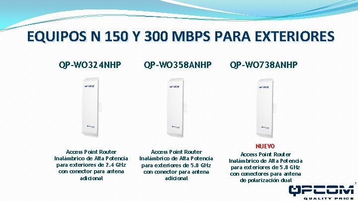 EQUIPOS N 150 Y 300 MBPS PARA EXTERIORES QP-WO 324 NHP QP-WO 358 ANHP