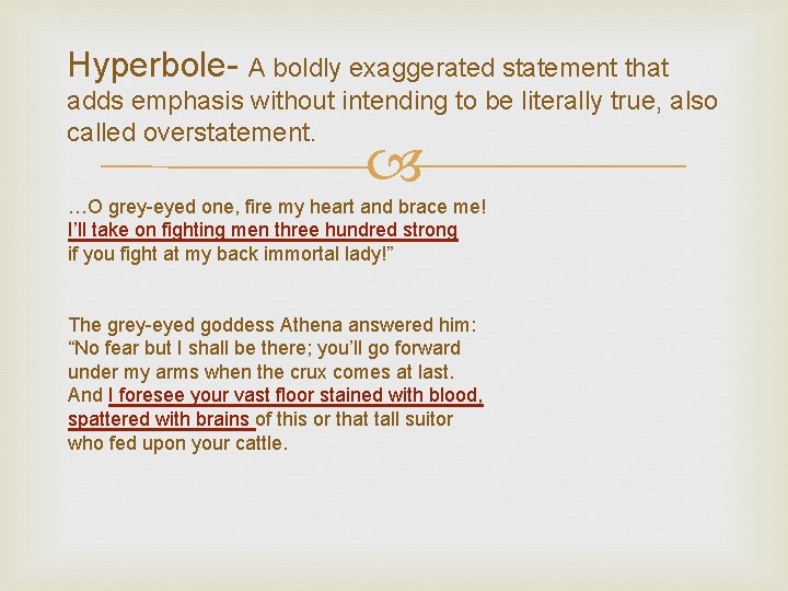 Hyperbole- A boldly exaggerated statement that adds emphasis without intending to be literally true,