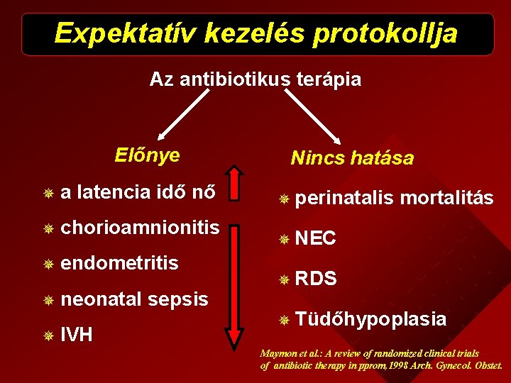 Expektatív kezelés protokollja Az antibiotikus terápia Előnye ¯ a latencia idő nő ¯ chorioamnionitis