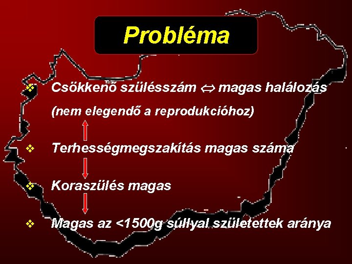 Probléma v Csökkenő szülésszám magas halálozás (nem elegendő a reprodukcióhoz) v Terhességmegszakítás magas száma