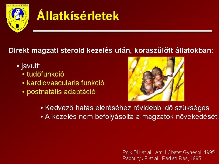 Állatkísérletek Direkt magzati steroid kezelés után, koraszülött állatokban: • javult: • tüdőfunkció • kardiovascularis