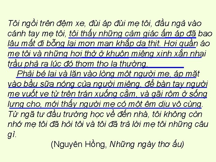 Tôi ngồi trên đệm xe, đùi áp đùi mẹ tôi, đầu ngả vào cánh