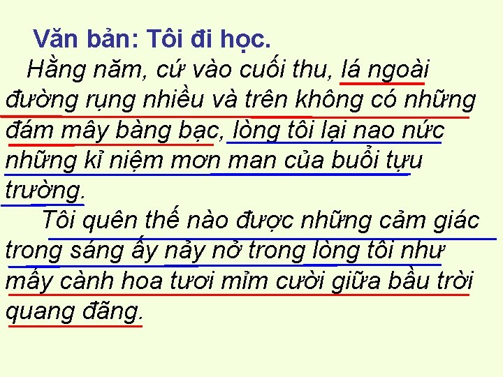 Văn bản: Tôi đi học. Hằng năm, cứ vào cuối thu, lá ngoài đường