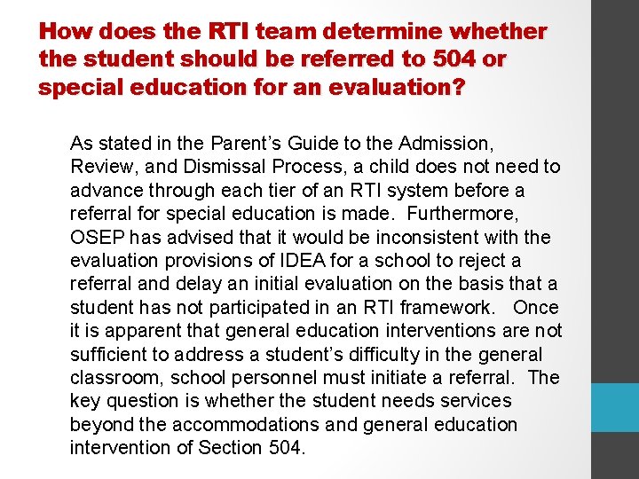 How does the RTI team determine whether the student should be referred to 504