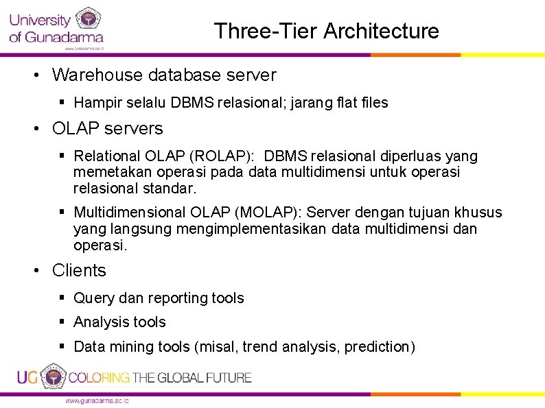 Three-Tier Architecture • Warehouse database server § Hampir selalu DBMS relasional; jarang flat files