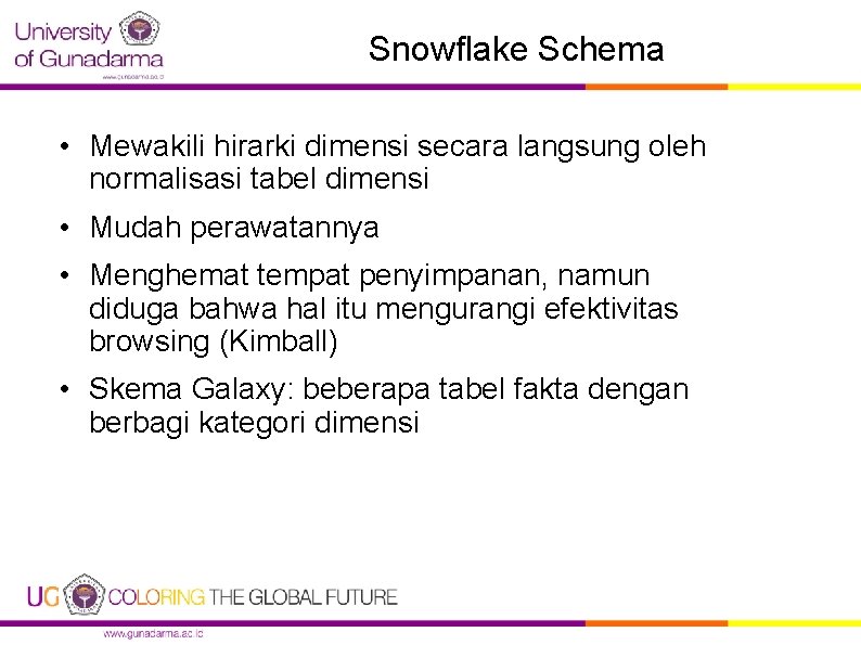 Snowflake Schema • Mewakili hirarki dimensi secara langsung oleh normalisasi tabel dimensi • Mudah