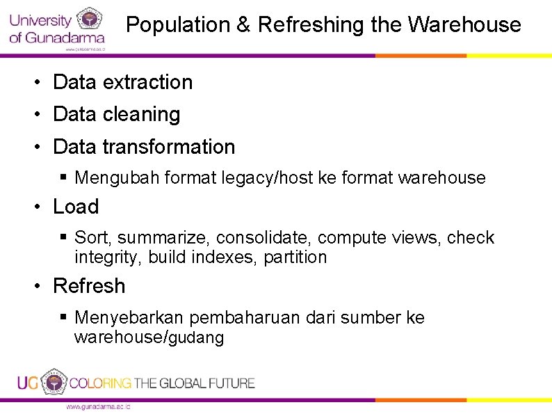 Population & Refreshing the Warehouse • Data extraction • Data cleaning • Data transformation