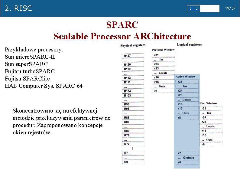 2. RISC 1 SPARC Scalable Processor ARChitecture Przykładowe procesory: Sun micro. SPARC-II Sun super.