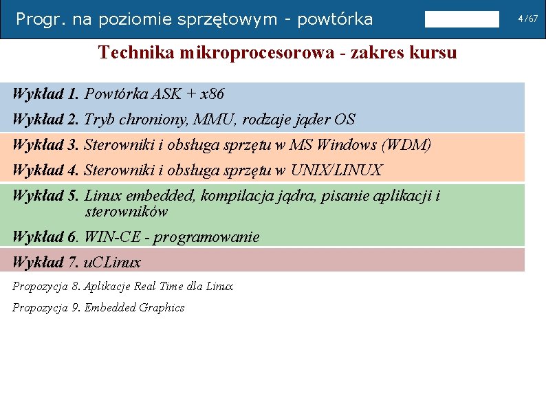 Progr. na poziomie sprzętowym - powtórka Technika mikroprocesorowa - zakres kursu Wykład 1. Powtórka