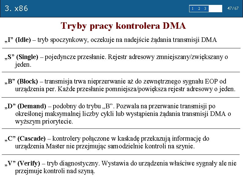 3. x 86 1 2 3 4 5 47/67 Tryby pracy kontrolera DMA „I”