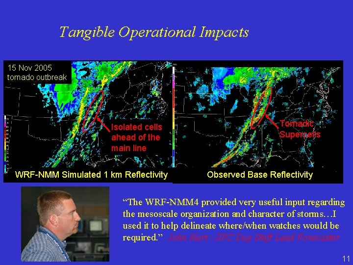 Tangible Operational Impacts 15 Nov 2005 tornado outbreak Isolated cells ahead of the main