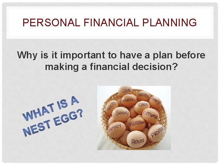 PERSONAL FINANCIAL PLANNING Why is it important to have a plan before making a