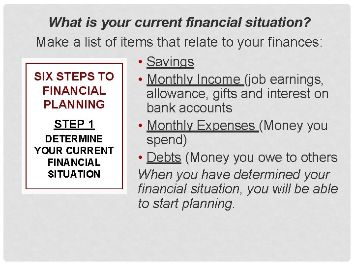 What is your current financial situation? Make a list of items that relate to